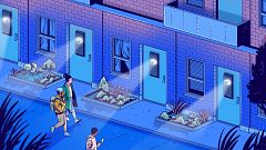 Illustration of huge eyes on Ring cameras watching a neighborhood.