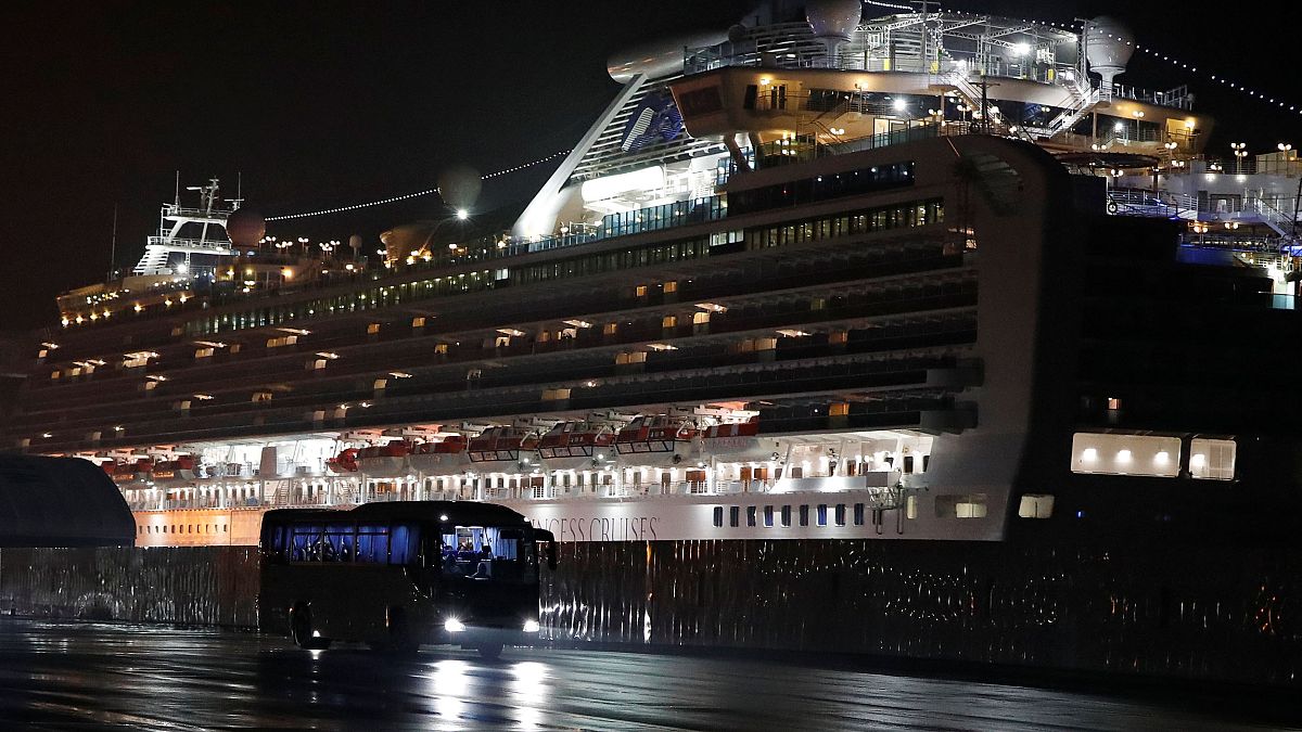 Image: Buses carrying the U.S. passengers of the cruise ship Diamond Prince