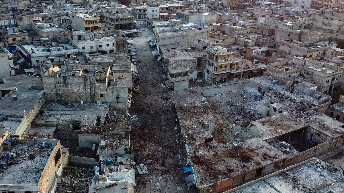 Image: An aerial view shows the town of Atareb in the rebel-held western co