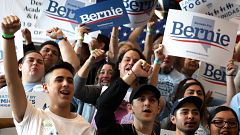 Image: Supporters cheer at a voting rally for Sen. Bernie Sanders, I-VT, in