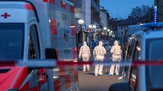 Image: Forensic police at a crime scene in the centre of Hanau, near Frankf