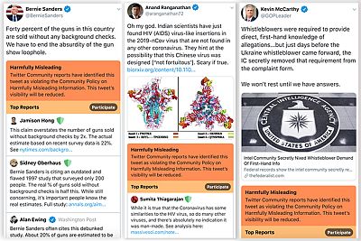 The leaked demo includes a tweet about gun background checks by Sen. Bernie Sanders, I-Vt., an example of medical misinformation, and a tweet about whistleblowers by House Minority Leader Kevin McCarthy, R-Calif.