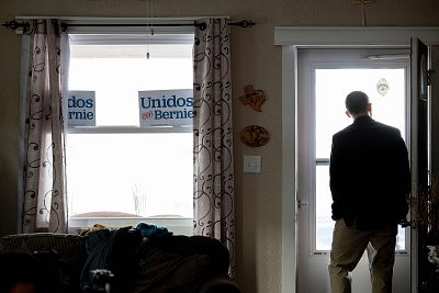 League of United Latin American Citizens Iowa State Director Nick Salazar awaits volunteers to canvass for Democratic presidential candidate Bernie Sanders in Muscatine, Iowa on Feb. 1, 2020.