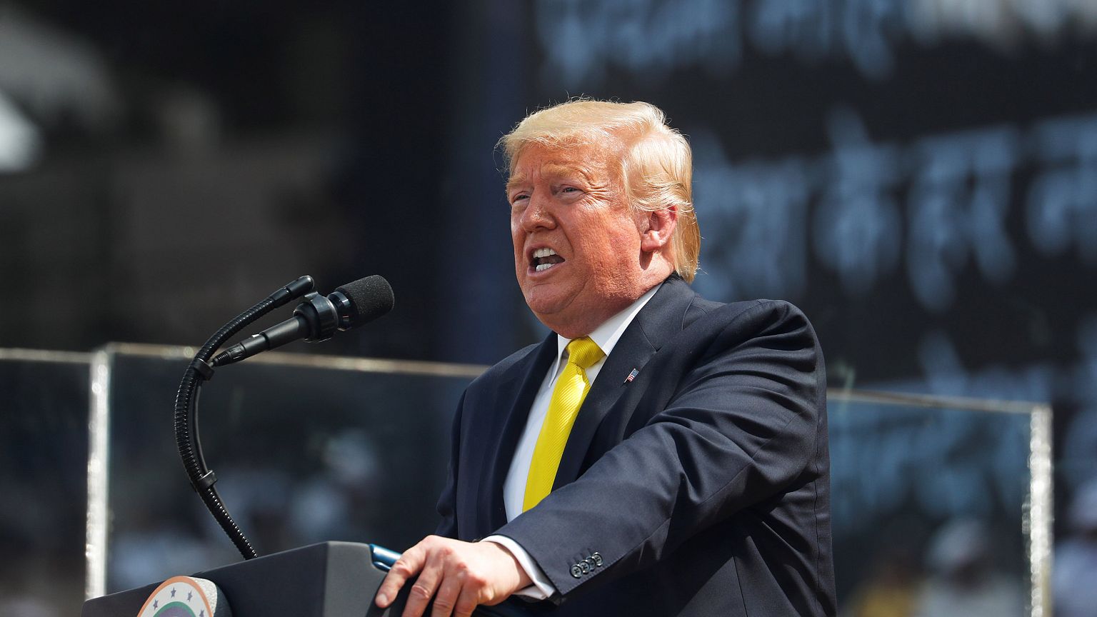 Image: President Donald Trump speaks during the "Namaste Trump" event at Sa