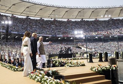 President Donald Trump, first lady Melania Trump, and Indian Prime Minister Narendra Modi arrive for a "Namaste Trump," event at Sardar Patel Stadium, Monday, Feb. 24, 2020, in Ahmedabad, India.
