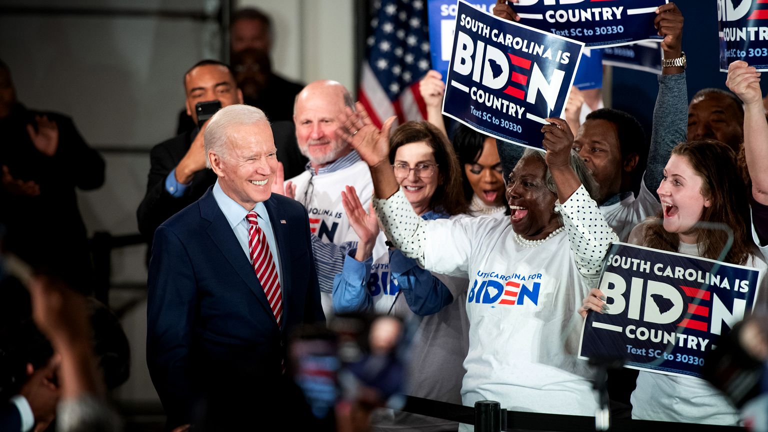 Image: Joe Biden arrives for a campaign launch party in Columbia, S.C., on 