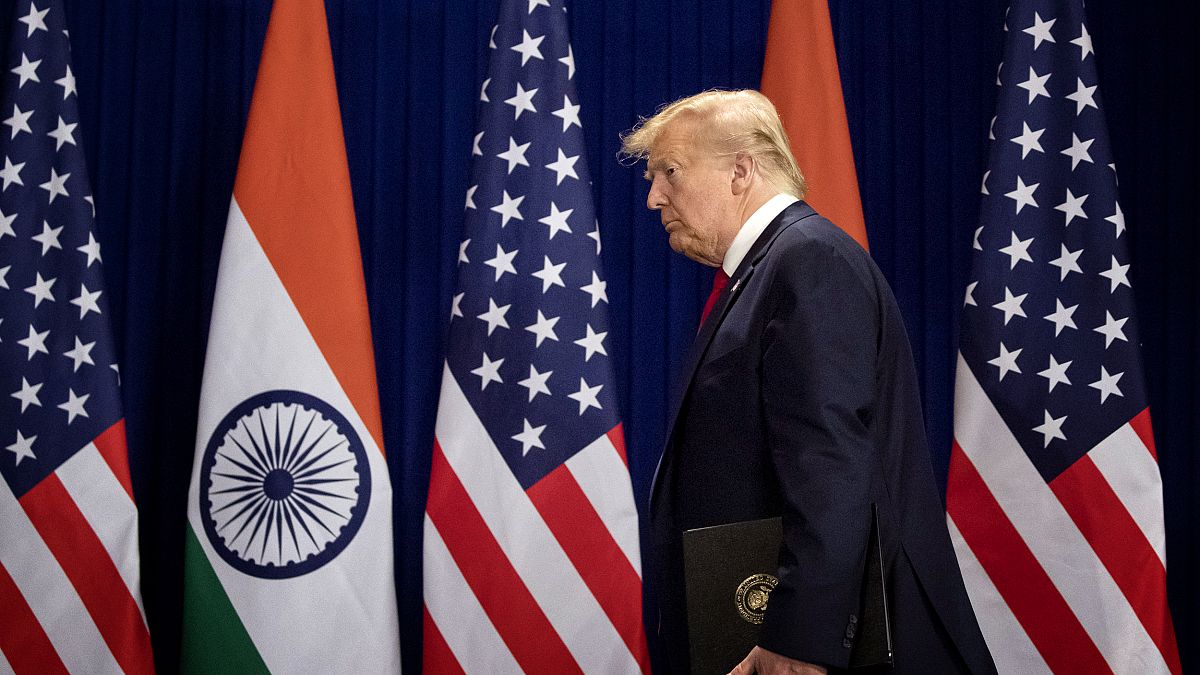 Image: President Donald Trump arrives for a news conference in New Delhi on