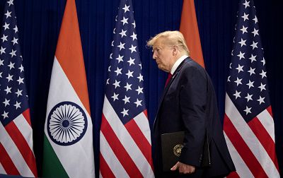 President Donald Trump arrives for a news conference in New Delhi on Tuesday. 