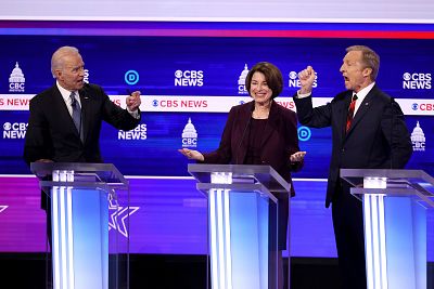 Joe Biden, Tom Steyer and Amy Klobuchar during the Democratic presidential primary debate on Feb. 25, 2020 in Charleston, S.C.