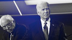 Image: Sen. Bernie Sanders and Joe Biden at a Democratic primary debate in 