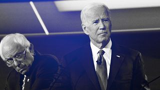Image: Sen. Bernie Sanders and Joe Biden at a Democratic primary debate in
