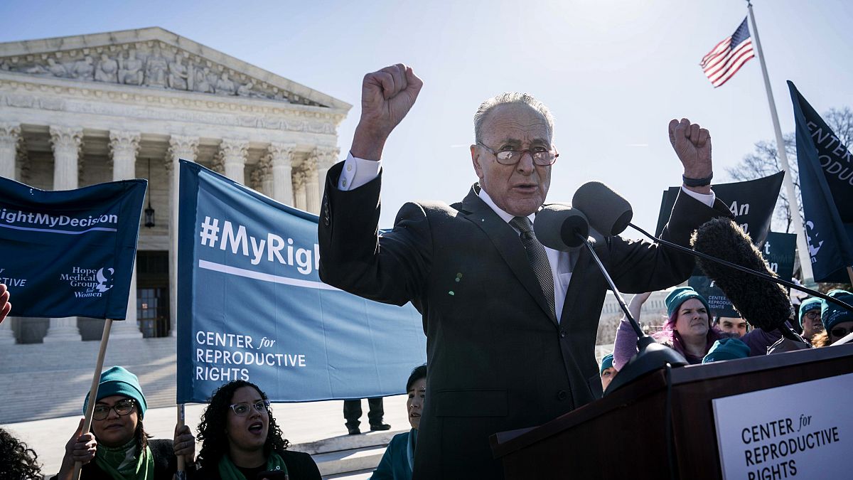 Image: Sen. Chuck Schumer, D-N.Y., speaks at a reproductive rights rally ou