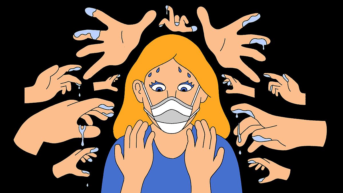 Illustration of woman wearing mask starting at her own hands while ghost ha