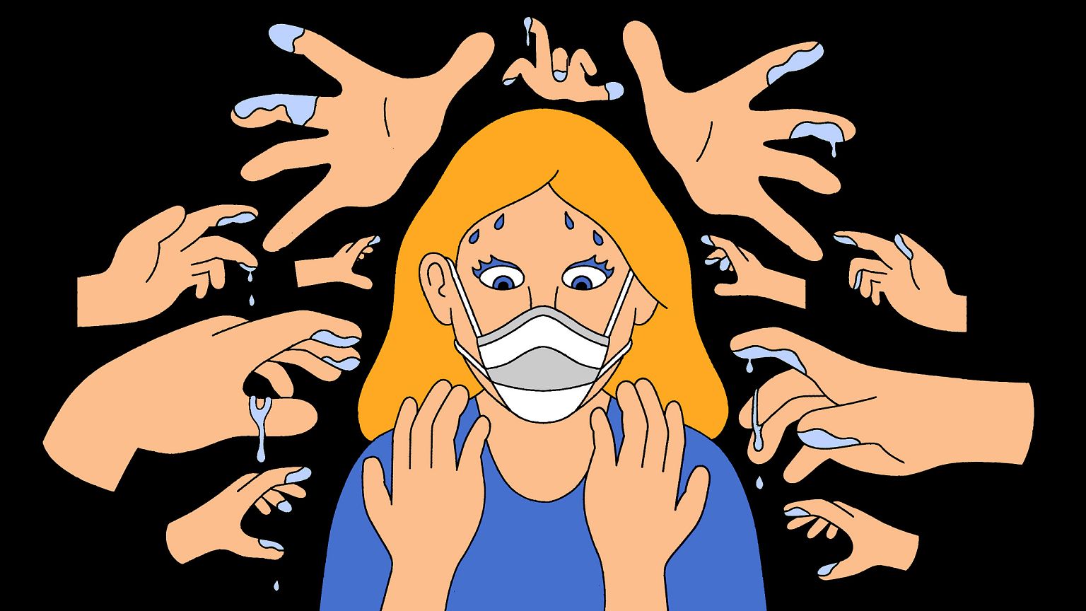 Illustration of woman wearing mask starting at her own hands while ghost ha