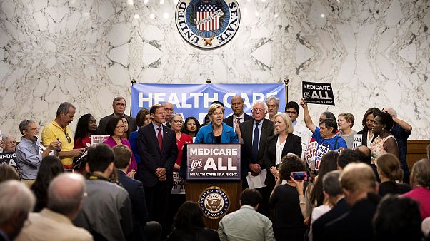 Image: Sen. Elizabeth Warren speaks alongside Sen. Bernie Sanders about Med Image: Sen. Elizabeth Warren speaks alongside Sen. Bernie Sanders about Med