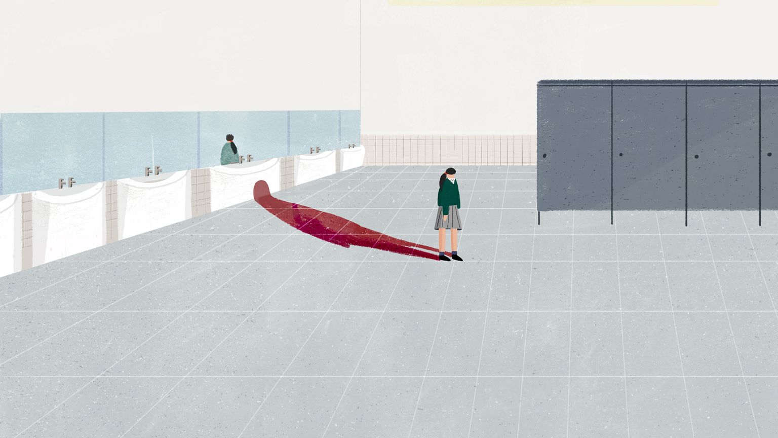 Illustration of girl in bathroom while a blood-colored shadow follows her.