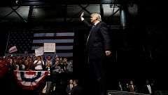 U.S. President-elect Donald Trump waves as he takes the stage at a "Thank Y