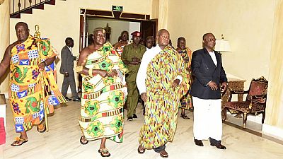 Photos: Uganda's Museveni goes traditional as he hosts Ghana's Asantehene