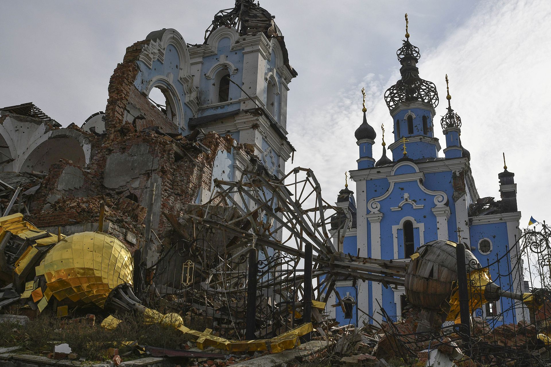 Destroyed domes of a church lie in the retaken village of Bohorodychne, eastern Ukraine, amid the Russian invasion. October 22, 2022