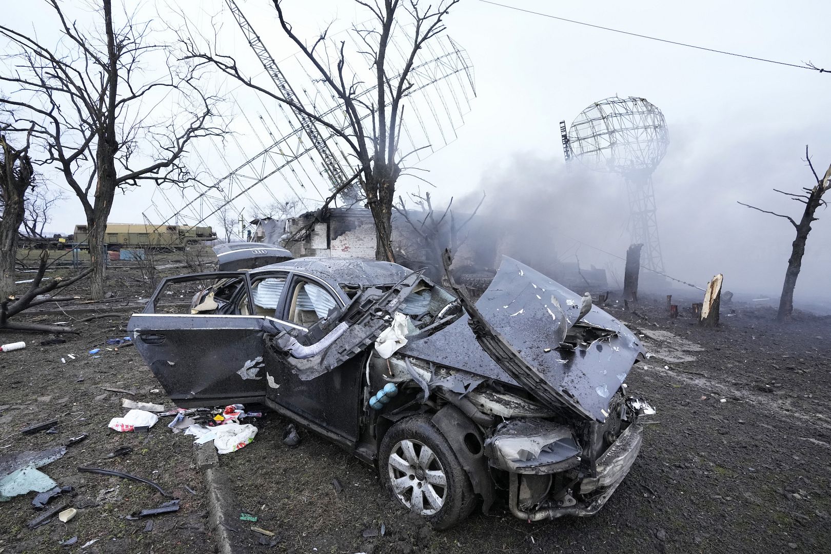 Damaged radar, a vehicle and equipment are seen at a Ukrainian military facility outside Mariupol, Ukraine. February 24, 2022