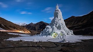 The youth group that built this ice stupa in the village of Gya installed a café in its base. They used the proceeds to take the village elders on a pilgrimage. March 19, 2019