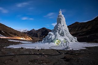 The youth group that built this ice stupa in the village of Gya installed a café in its base. They used the proceeds to take the village elders on a pilgrimage. March 19, 2019