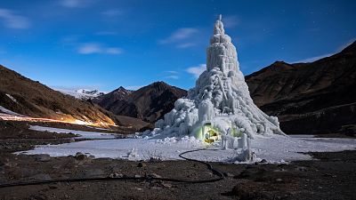 The youth group that built this ice stupa in the village of Gya installed a café in its base. They used the proceeds to take the village elders on a pilgrimage. March 19, 2019