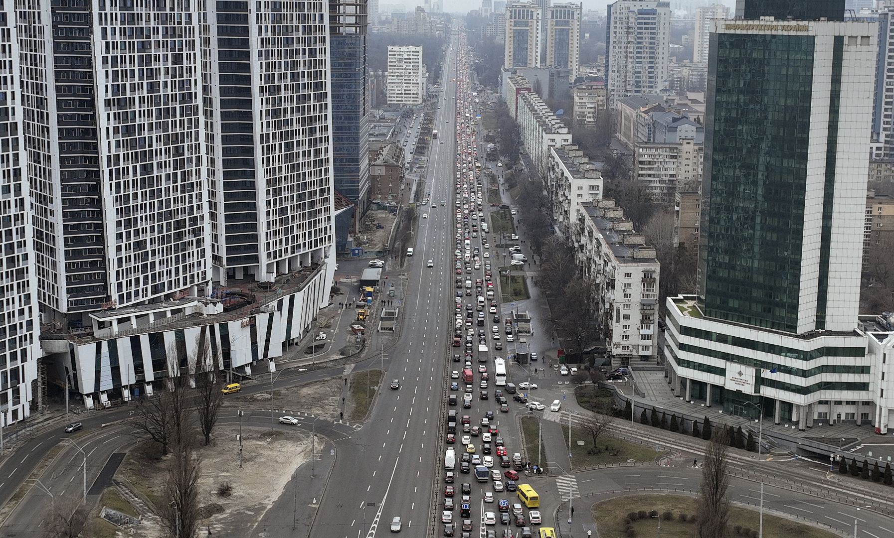 Traffic jam as people leave the city of Kyiv, Ukraine, as Russia invades the country. February 24, 2022