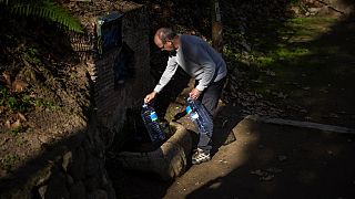 Joan Torrent, de 64 años, llena jarras de plástico en un manantial natural de Gualba, a unos 50 km al noroeste de Barcelona, España, en enero, cuando la sequía estaba en su peor momento.