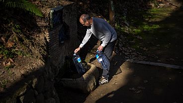 Joan Torrent, de 64 años, llena jarras de plástico en un manantial natural de Gualba, a unos 50 km al noroeste de Barcelona, España, en enero, cuando la sequía estaba en su peor momento.