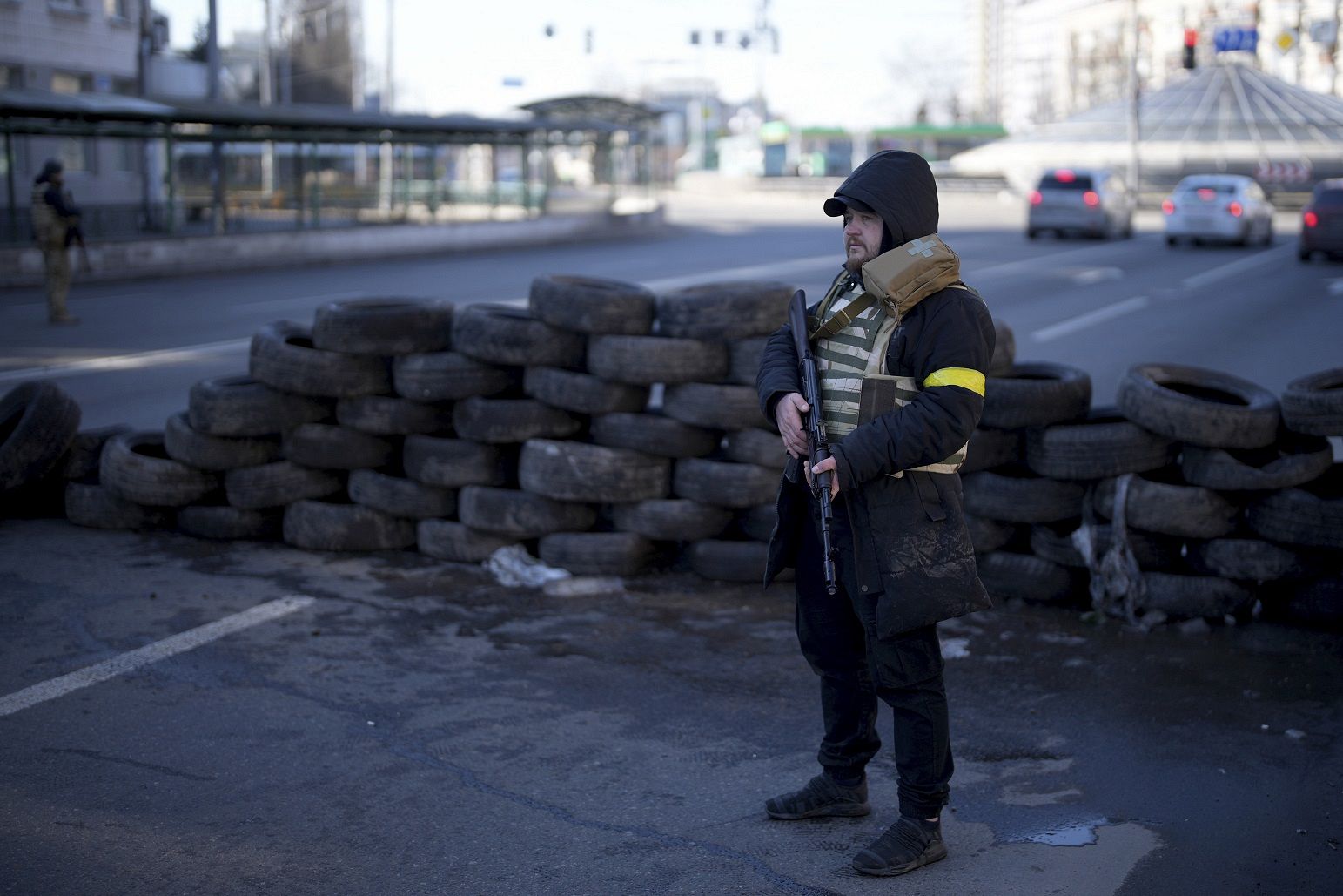 Civil defense personnel man a checkpoint in Kyiv, Ukraine. February 26, 2022