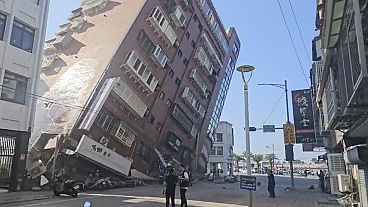 A partially collapsed building is seen in Hualien, eastern Taiwan on Wednesday, April 3, 2024