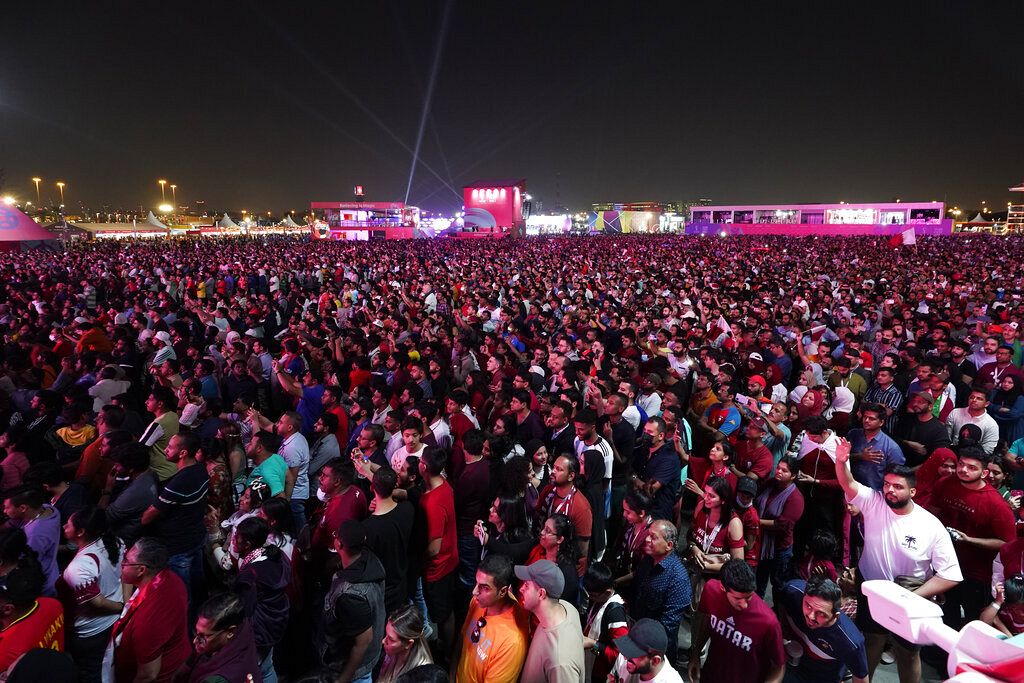 Fans watch the group A soccer match between Qatar and Ecuador in Doha, Qatar, Sunday, Nov. 20, 2022.