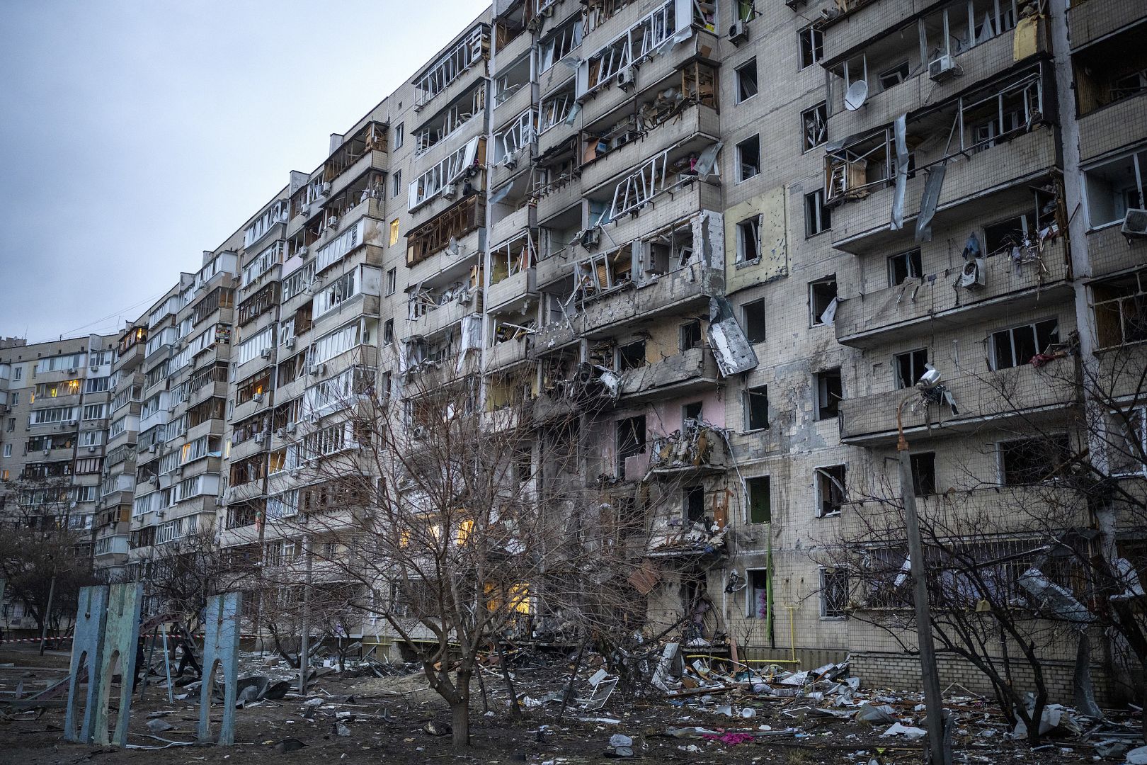 View of a building damaged following a rocket attack in Kyiv, Ukraine. February 25, 2022