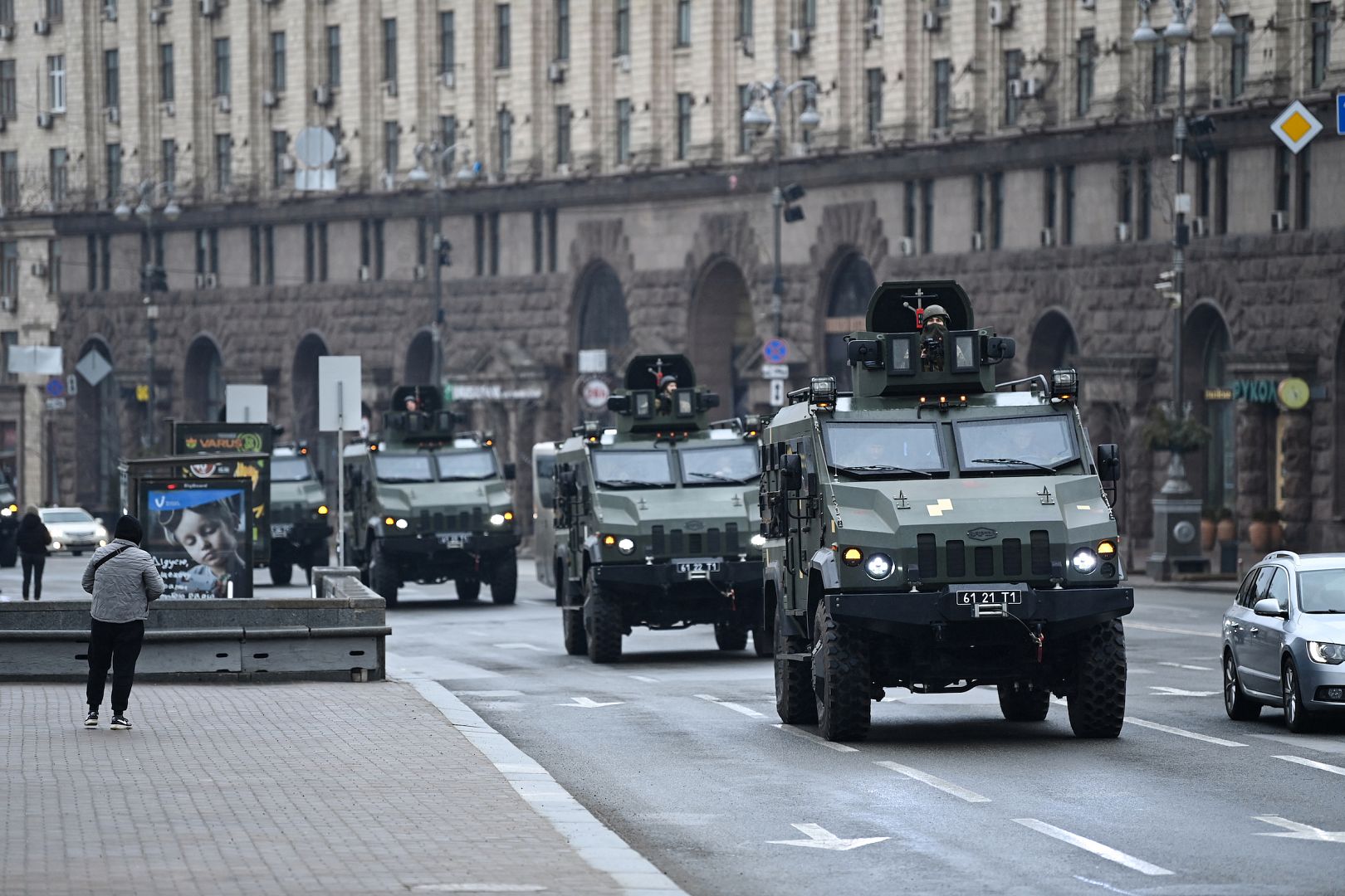 Ukrainian military vehicles move past Independence square in central Kyiv, Ukraine. February 24, 2022