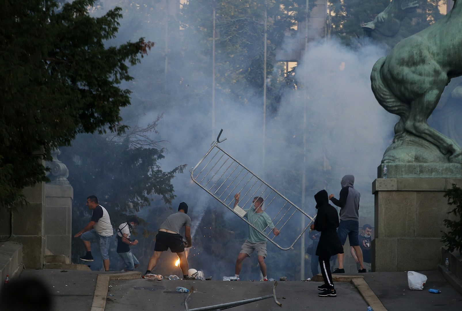 Protesters clash with Serbian riot police in Belgrade, Serbia. July 8, 2020