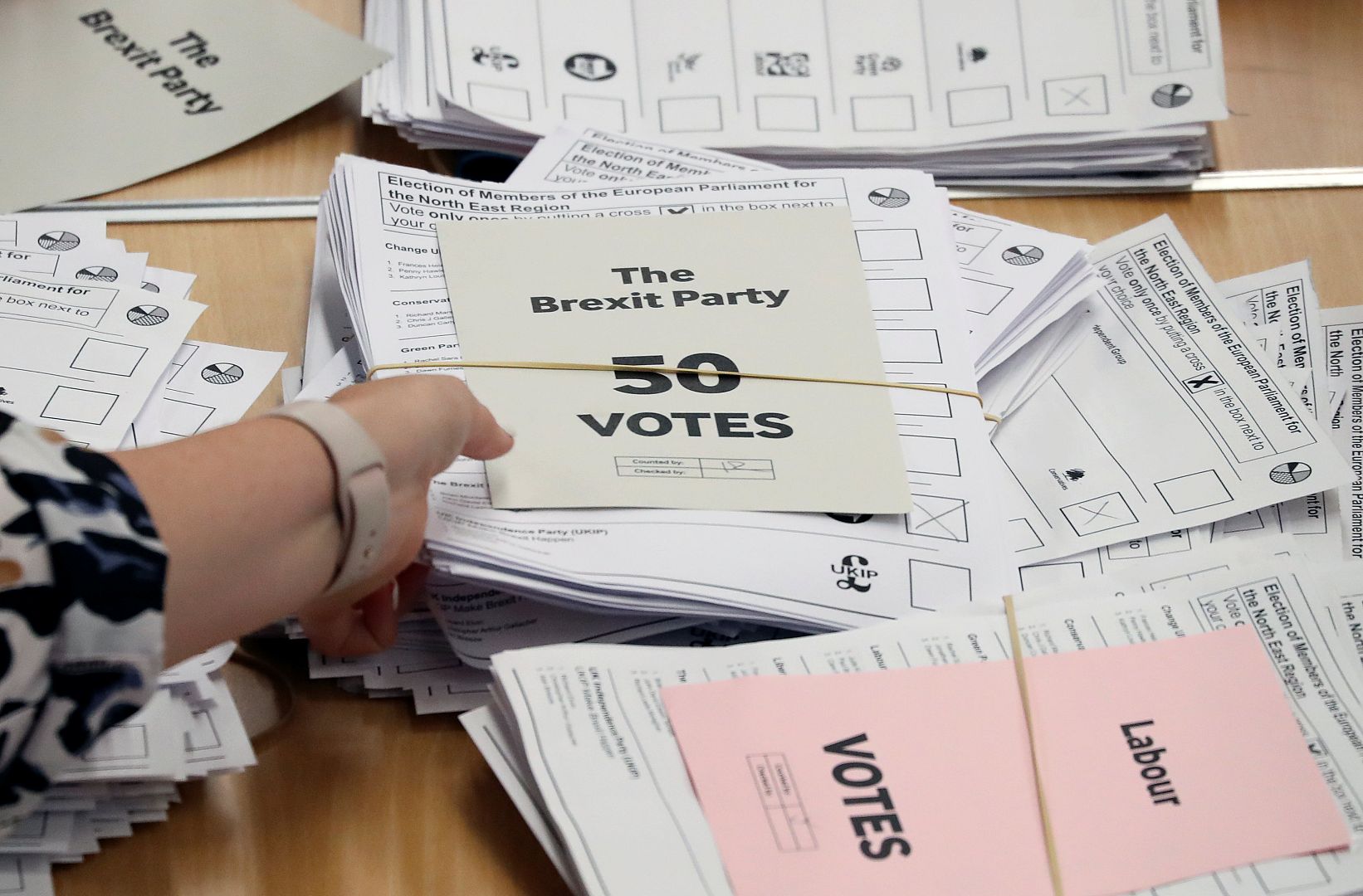 Ballots are seen at a counting centre in Sunderland, Britain