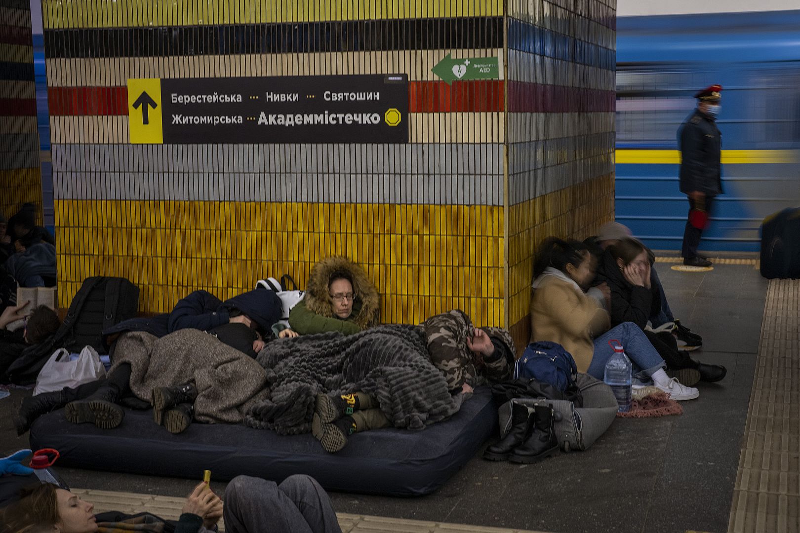 People sleep in the Kyiv subway, using it as a bomb shelter in Kyiv, Ukraine. February 25, 2022