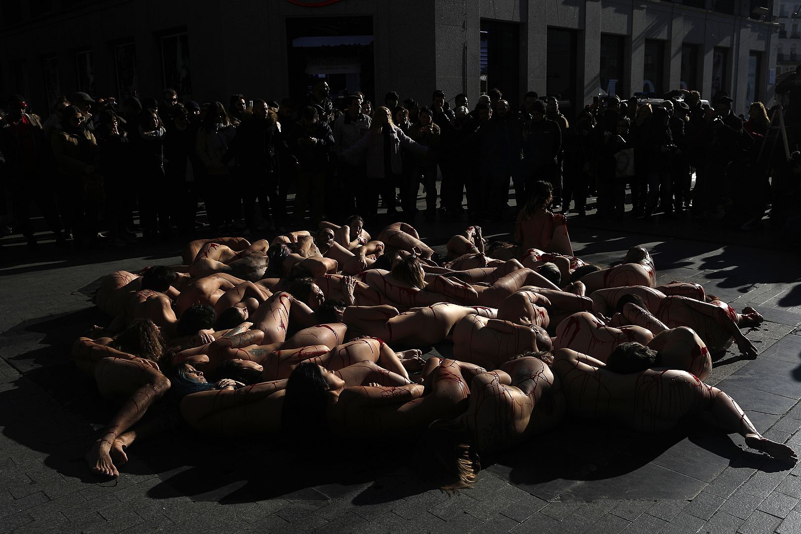 Animal rights activists Anima Naturalis stage a naked protest against the use of leather and fur in the textile industry in Madrid, Spain, Sunday, 12 January, 2020.