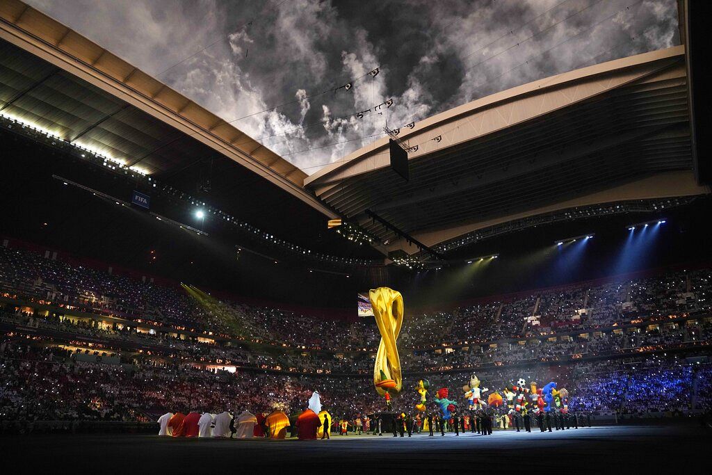 Artists perform prior the start of the World Cup group A soccer match between Qatar and Ecuador at the Al Bayt Stadium in Al Khor, Qatar, Sunday, Nov. 20, 2022.