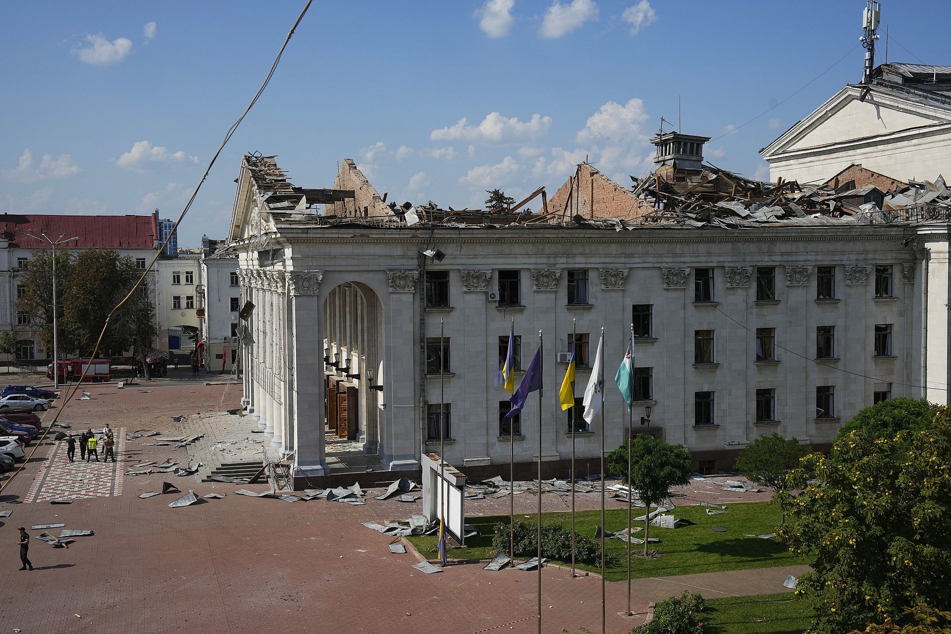 Taras Shevchenko Chernihiv Regional Academic Music and Drama Theatre stands damaged after a Russian attack in Chernihiv, Ukraine. August 19, 2023