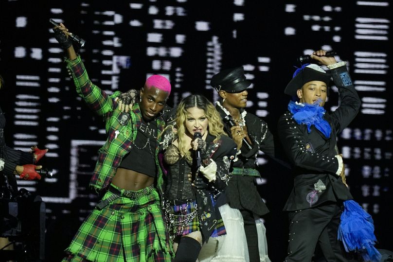 Madonna performs in the final show of her The Celebration Tour, on Copacabana Beach in Rio de Janeiro, Brazil.