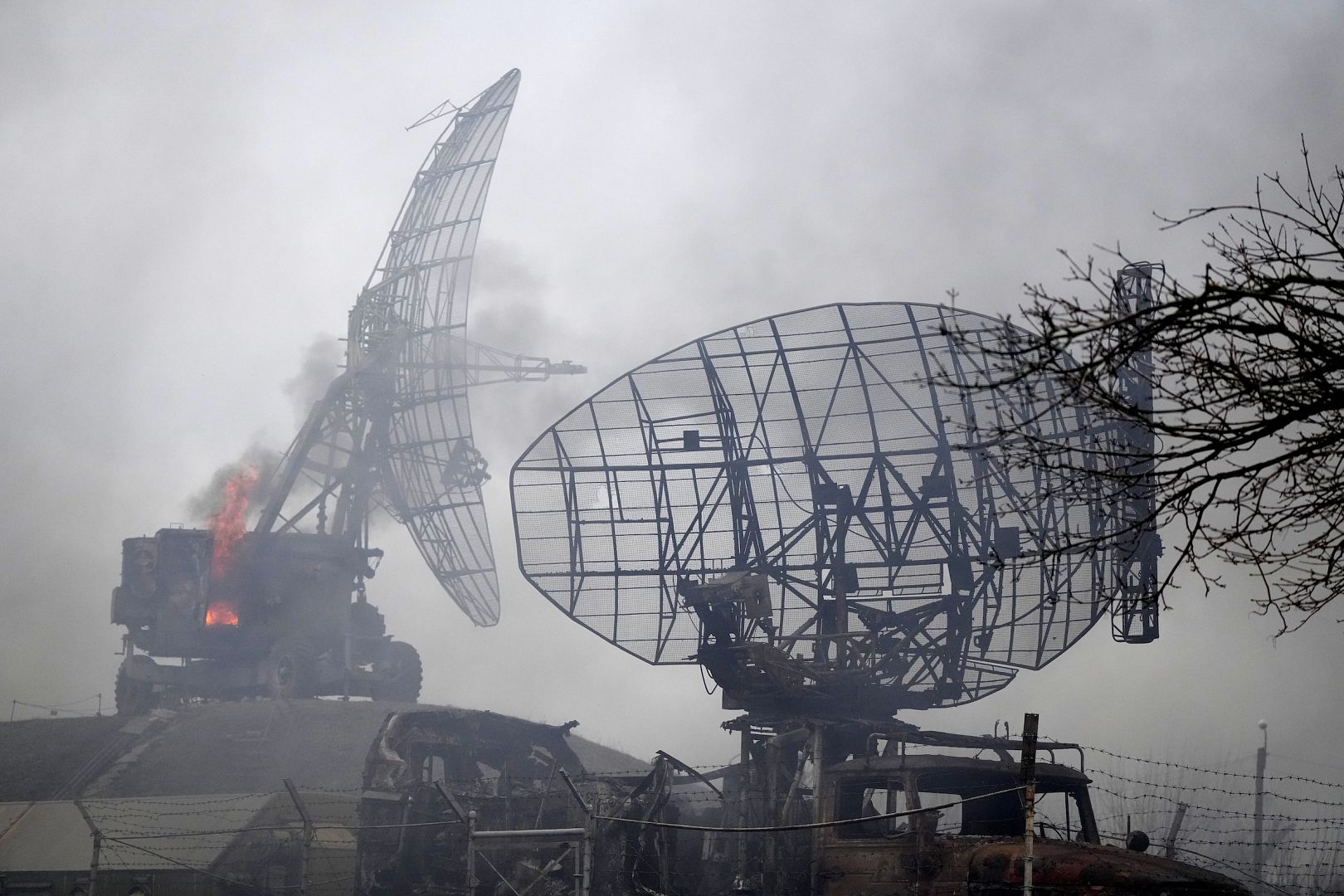 Damaged radar arrays and other equipment is seen at Ukrainian military facility outside Mariupol, Ukraine. February 24, 2022