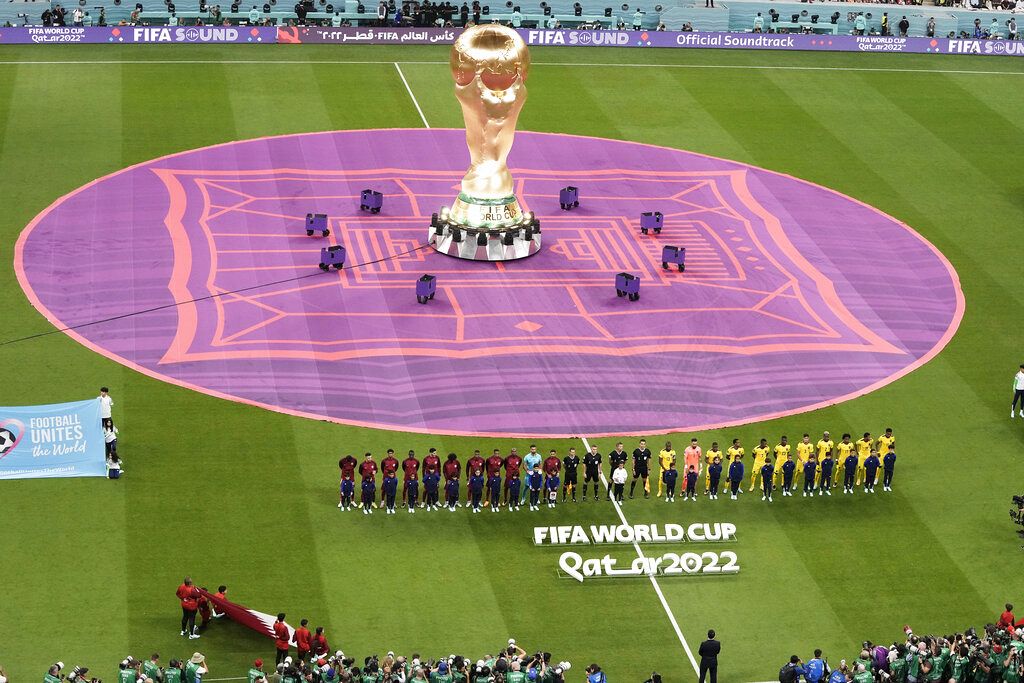 eams line up before the World Cup group A soccer match between Qatar and Ecuador at the Al Bayt Stadium in Al Khor, Qatar, Sunday, Nov. 20, 2022.