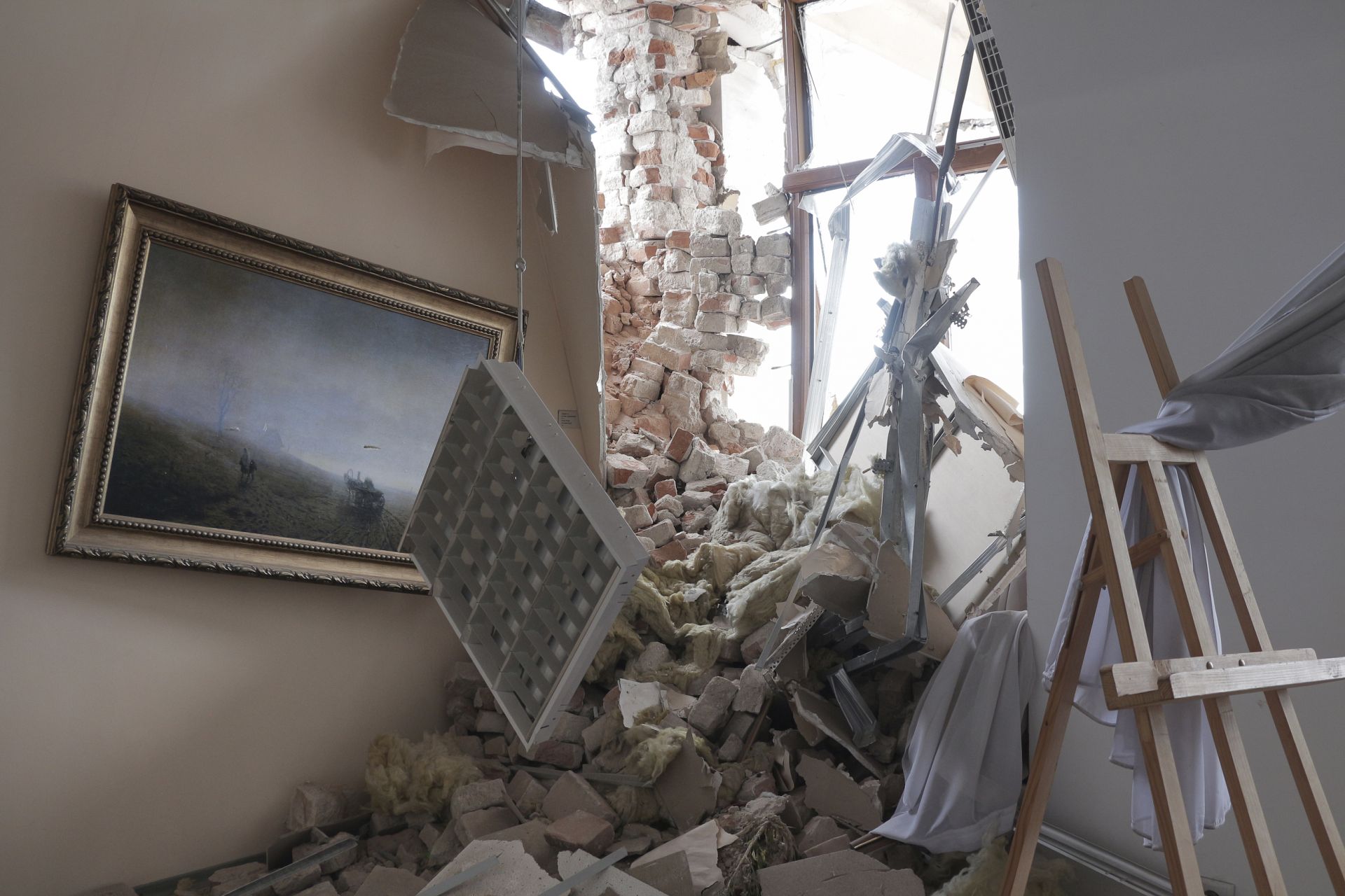View into a hall of the museum of Arkhip Kuindzhi, which was destroyed after shelling in Mariupol, eastern Ukraine, Thursday, 28 April 2022.