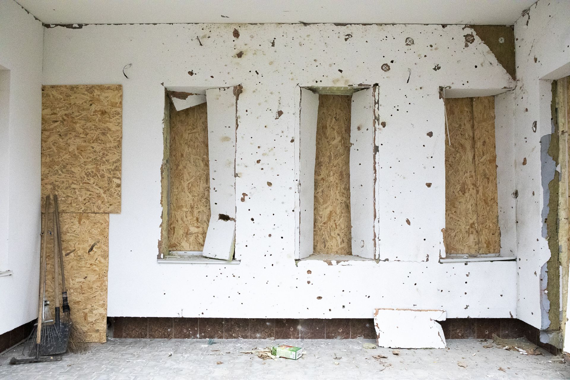 Mykolaiv Drama Theater, damaged by Russian missile attack, with seats covered to protect from falling debris. Mykolaiv, Ukraine. October 2022