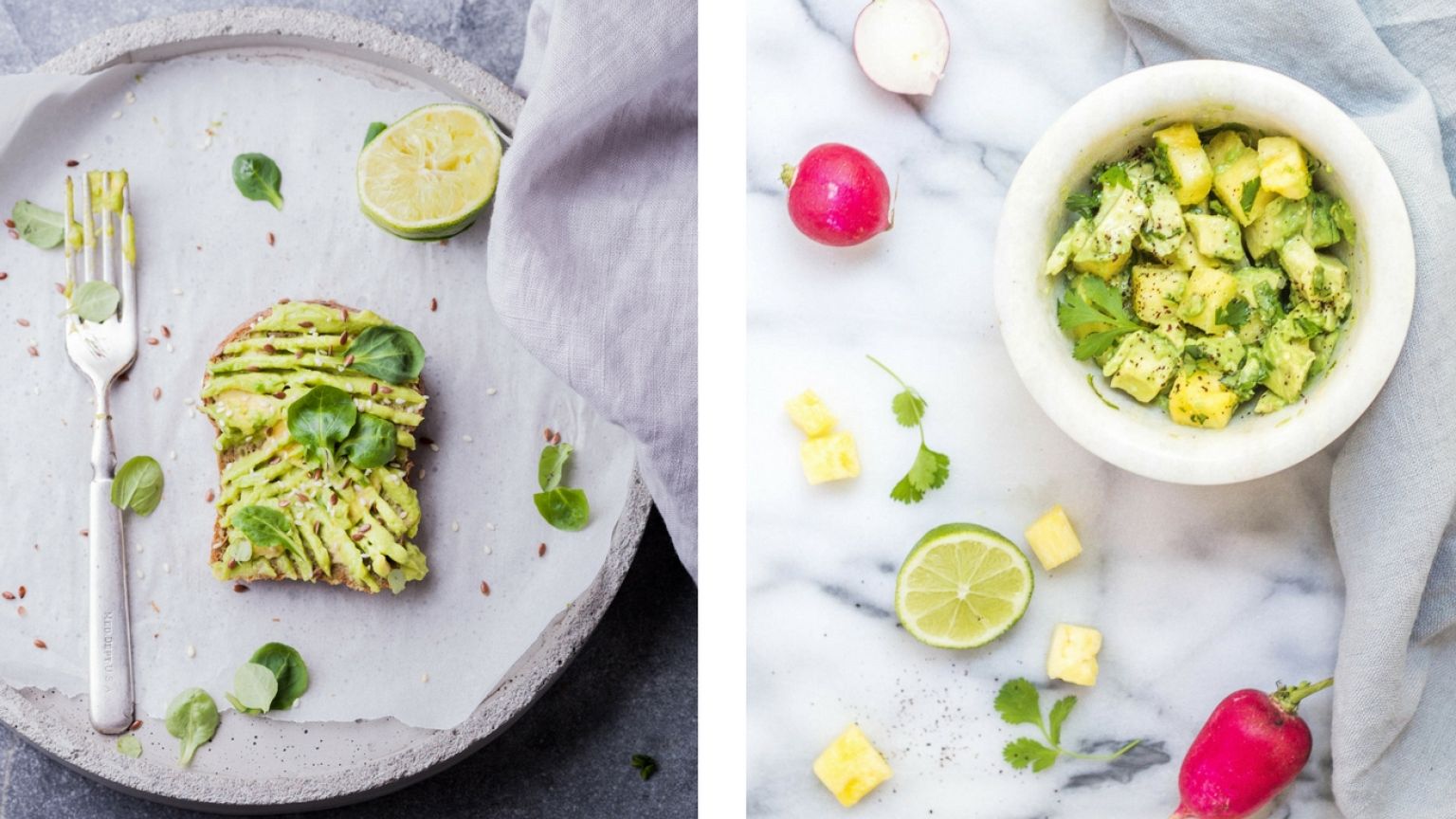 Two avocado halves filled with hummus and with spices and flowers.
