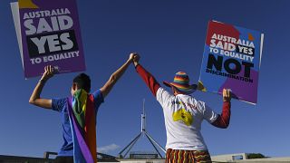 Same-sex marriage campaigners outside Parliament House in Canberra, Dec. 7