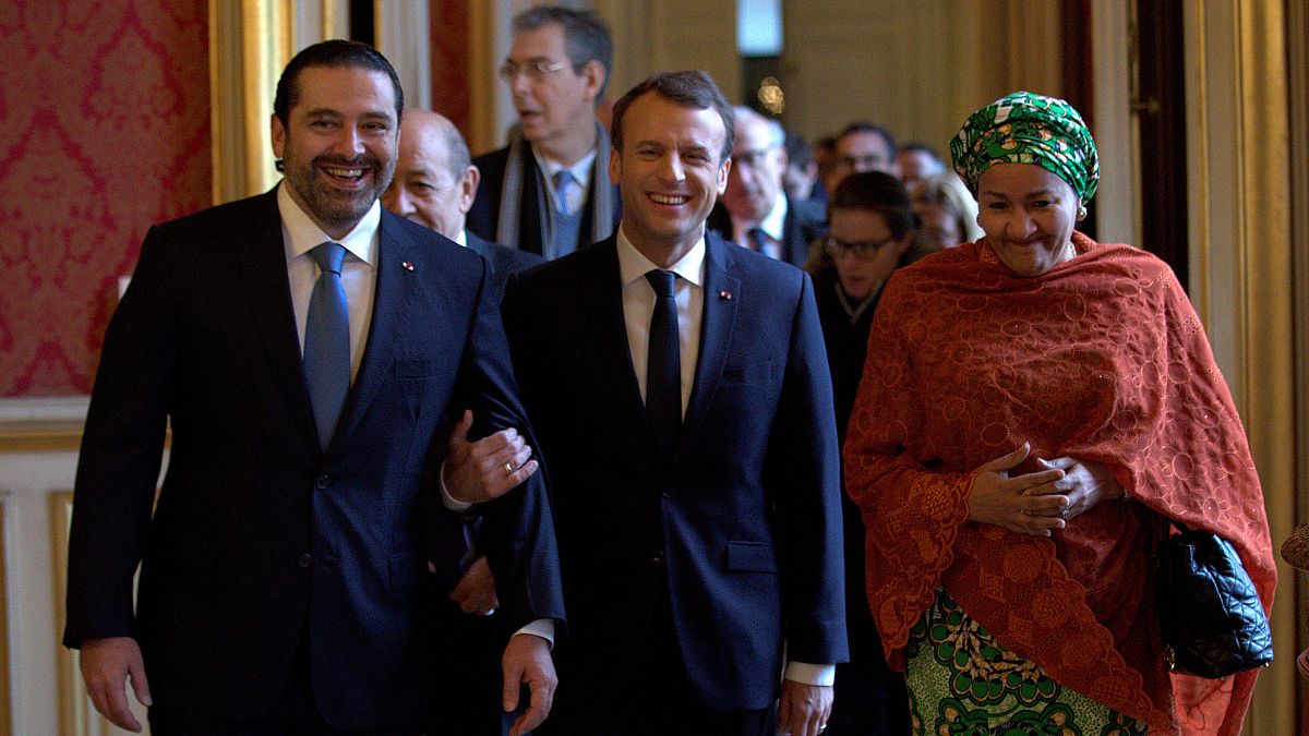 Saad Al-Hariri, Emmanuel Macron und Amina Mohammed in Paris