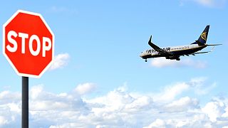 A Ryanair aeroplane prepares to land at Dublin airport in Dublin, Ireland,
